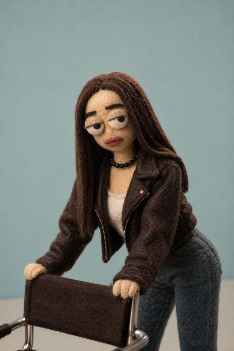 Transform the photo into a handmade needle-felt stop-motion puppet with ultra-detailed wo…