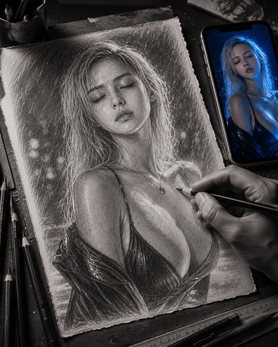 超精细的石墨铅笔素描，描绘一位美丽的女孩，留着短而凌乱的黑波波头，柔和的雀斑，大而有神的眼睛，佩戴圈形耳环，嘴唇光泽亮丽，身穿黑色高领衫和米色大衣。在有纹理的…