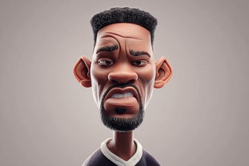 [名人]的高度风格化3D caricature，有着超大的头部、表情丰富的面部特征和充满趣味的夸张效果。以平滑精致的风格渲染，材质干净，环境光柔和。采用极简背…