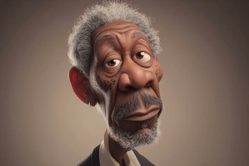 [名人]的高度风格化3D caricature，有着超大的头部、表情丰富的面部特征和充满趣味的夸张效果。以平滑精致的风格渲染，材质干净，环境光柔和。采用极简背景来突出角色的魅力和…