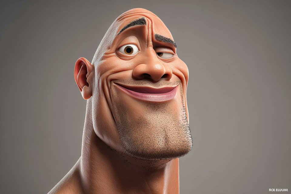 [名人]的高度风格化3D caricature，有着超大的头部、表情丰富的面部特征和充满趣味的夸张效果。以平滑精致的风格渲染，材质干净，环境光柔和。采用极简背景来突出角色的魅力和…