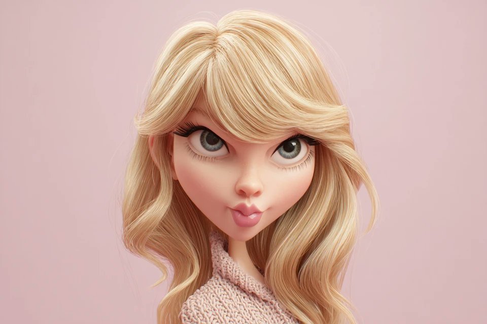 [名人]的高度风格化3D caricature，有着超大的头部、表情丰富的面部特征和充满趣味的夸张效果。以平滑精致的风格渲染，材质干净，环境光柔和。采用极简背景来突出角色的魅力和…