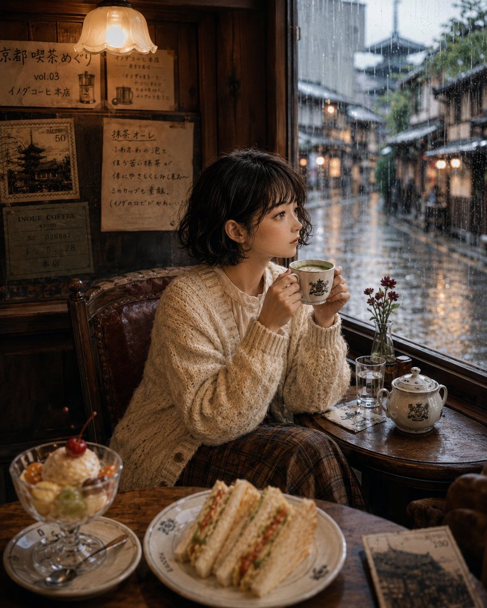 超写实日本女性,坐在京都一家复古咖啡馆内,外面下着雨,身穿米色超大号开衫和格纹长裙,在雾气蒙蒙的窗户旁捧着一杯温热的抹茶拿铁,真实木质内饰搭配复古灯具和手写日…