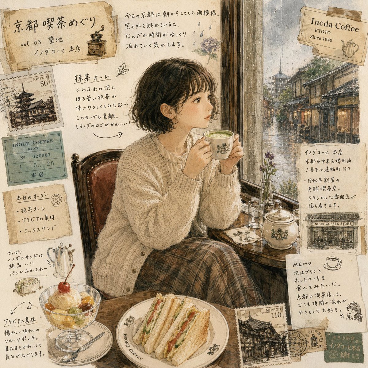 超写实日本女性,坐在京都一家复古咖啡馆内,外面下着雨,身穿米色超大号开衫和格纹长裙,在雾气蒙蒙的窗户旁捧着一杯温热的抹茶拿铁,真实木质内饰搭配复古灯具和手写日语菜单板,电影摄影风…