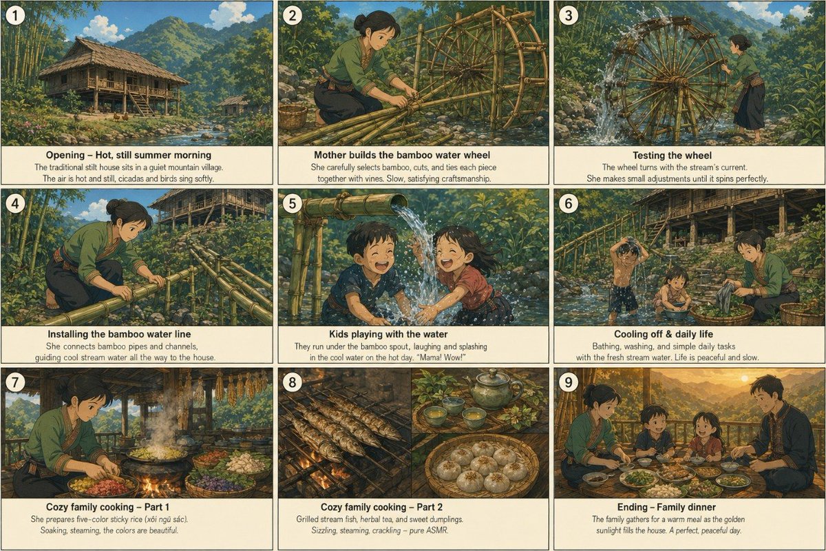 九格手绘分镜脚本，展现山村里一个慵懒温暖的夏日，电影感构图，柔和绘画笔触，细节丰富。分镜从炎热清晨到金色日落依次为：竹林清溪边的传统木质吊脚楼；母亲挑选、捆绑…