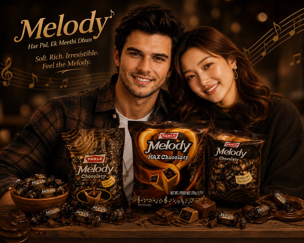 Parle Melody 太妃糖超写实高级商业广告,温暖电影感的巧克力棕色调色,舒适的奢华咖啡馆氛围,背景有金色散景灯光,左侧英俊年轻男子自信微笑,右侧美丽的东亚女子轻轻依偎在他…
