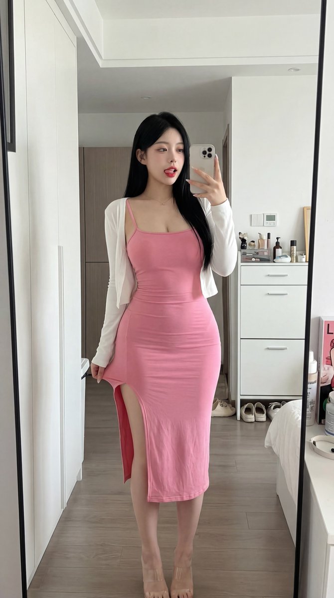 { "subject": { "description": "一位20岁出头的年轻东亚女性，长直黑发，肤色白皙，饱满红唇微吐舌头，表情俏皮且带有诱惑，身材曲线玲珑，穿着一件紧身粉…