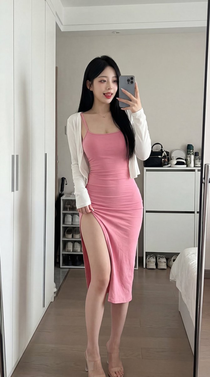 { "subject": { "description": "一位20岁出头的年轻东亚女性，长直黑发，肤色白皙，饱满红唇微吐舌头，表情俏皮且带有诱惑，身材曲线玲珑，穿着一件紧身粉…