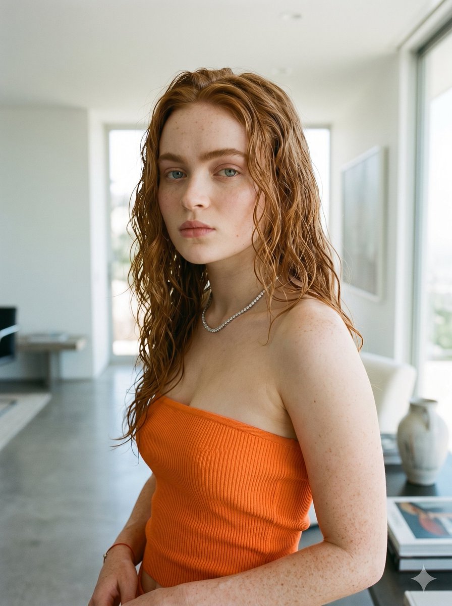 一张高分辨率的室内人像照片,画面中是 Sadie Sink,她直视镜头,表情中性。她有一头长长的、湿润质感的波浪状红发,垂落在肩膀两侧,面部和手臂上可见雀斑…