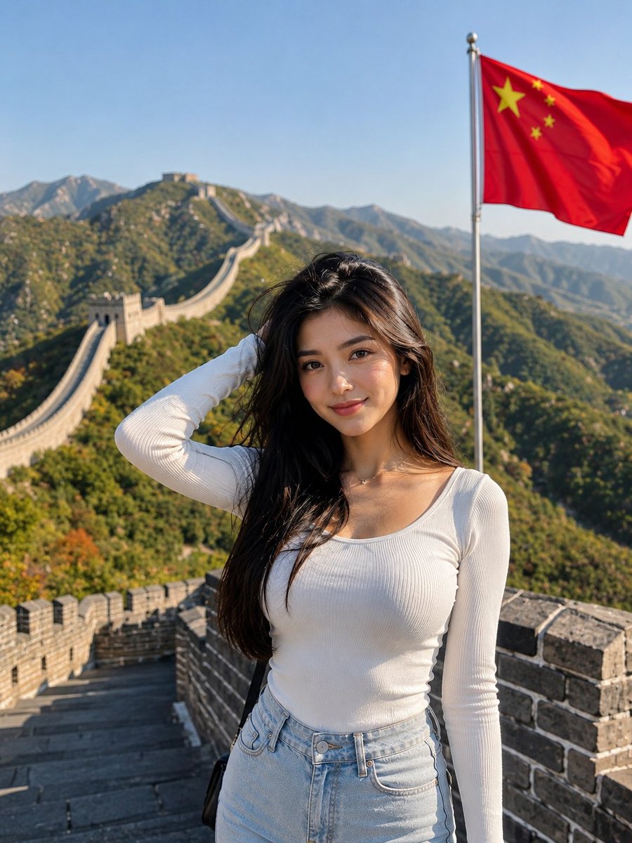 超写实旅行人像：一位美丽的年轻东亚女性站在中国长城上，沐浴在明亮的金色日光中，自信地摆着姿势，带着温柔自然的微笑直视镜头。一只手轻触发丝，姿态放松优雅，现代休闲时尚风格。身着合身…