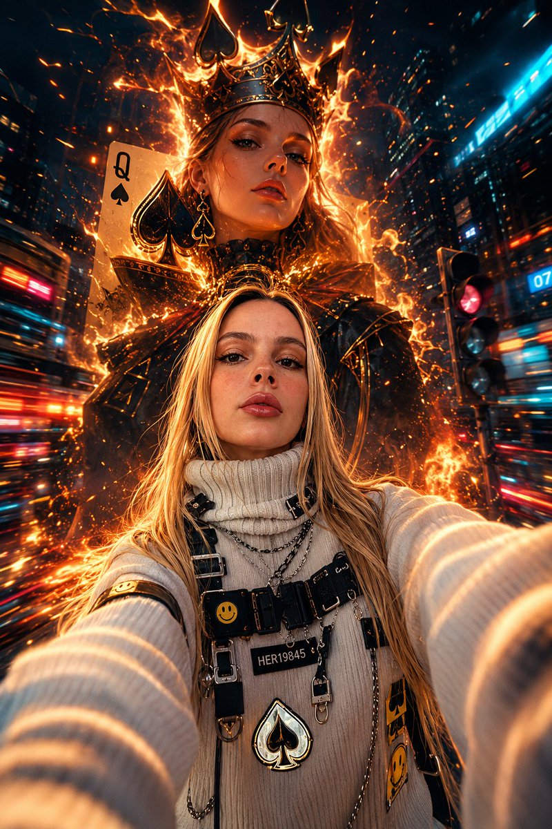 超精细电影级赛博朋克女王肖像：来自附件图片中的一名强悍年轻女子，夜间在霓虹灯光的城市中以低角度广角镜头自拍，她穿着一件 oversized 白色罗纹战术高领毛…