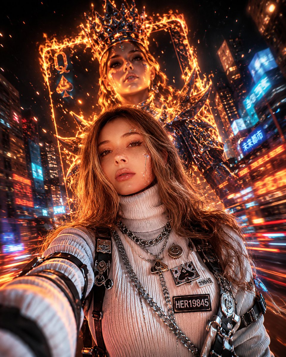 超精细电影级赛博朋克女王肖像:来自附件图片中的一名强悍年轻女子,夜间在霓虹灯光的城市中以低角度广角镜头自拍,她穿着一件 oversized 白色罗纹战术高领毛衣,配有黑色未来感束…