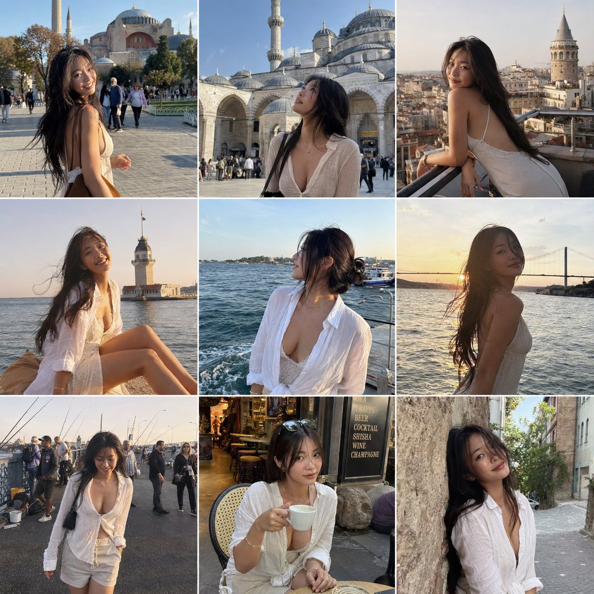 { "objective": "创建一个3x3的Instagram信息流网格，主角是一位在伊斯坦布尔旅行的迷人、性感女性，以自然智能手机风格的照片呈现", "…