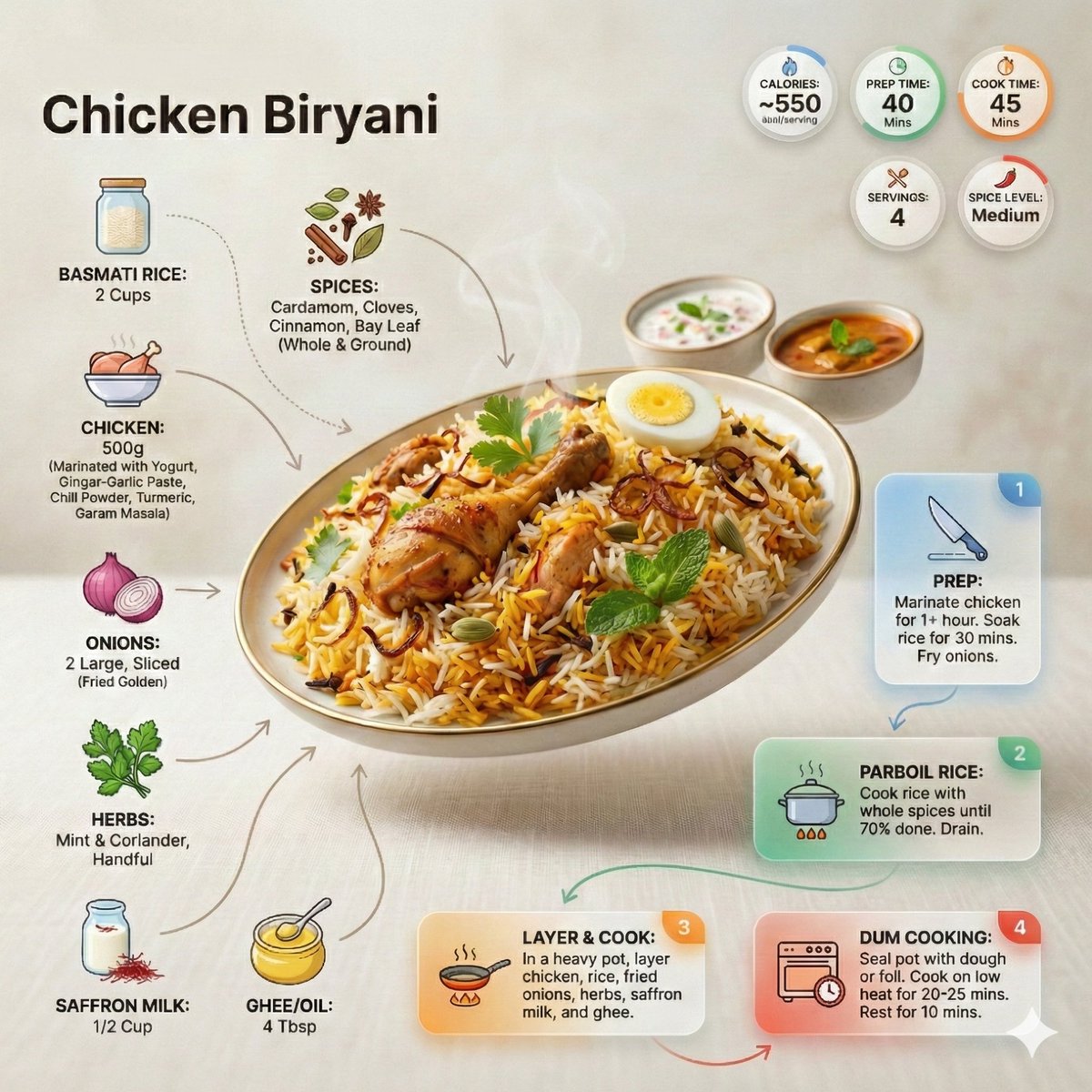 现代编辑风格食谱信息图。主角是一盘装盘完成的印度比尔亚尼饭(biryani),以诱人的成品形式呈现,采用轻微的透视或倾斜视角,而非平铺的俯视。在菜肴周围,以动态的编辑构图排布食材…
