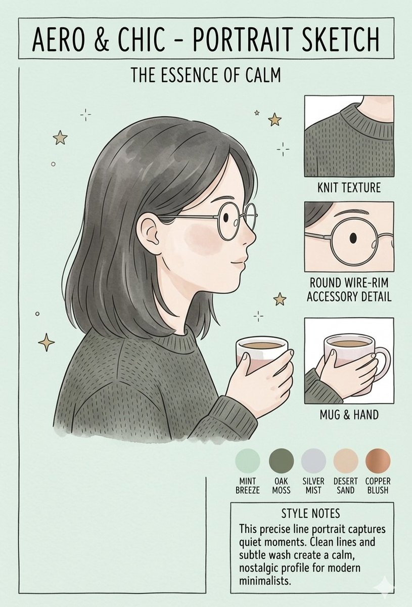 一张极简风格的人物肖像速写图，呈现干净利落的"Aero & Chic"美学。画面包含两位人物——一位中长深色头发女性的侧面像，以及一位深色整齐分缝头发男性的正面像——两人都戴着圆…