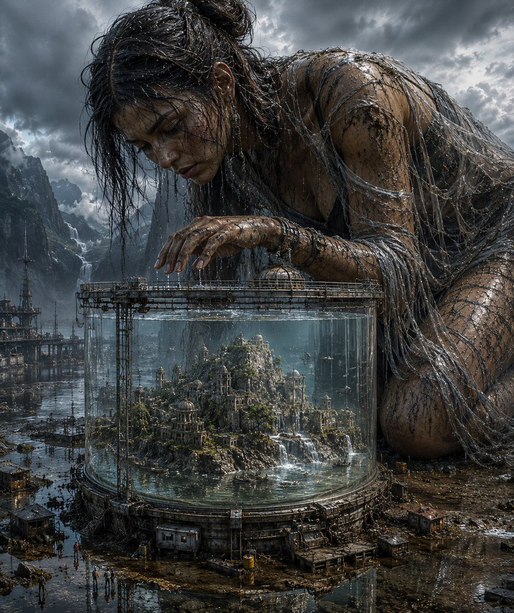一个疲惫不堪的巨型女人蜷缩在一个透明的玻璃密封容器旁边，容器中装着一座微缩的岛屿文明，精致而脆弱的岩石地形和微小的建筑结构被封闭在充满水的容器内，这位庞大的身…