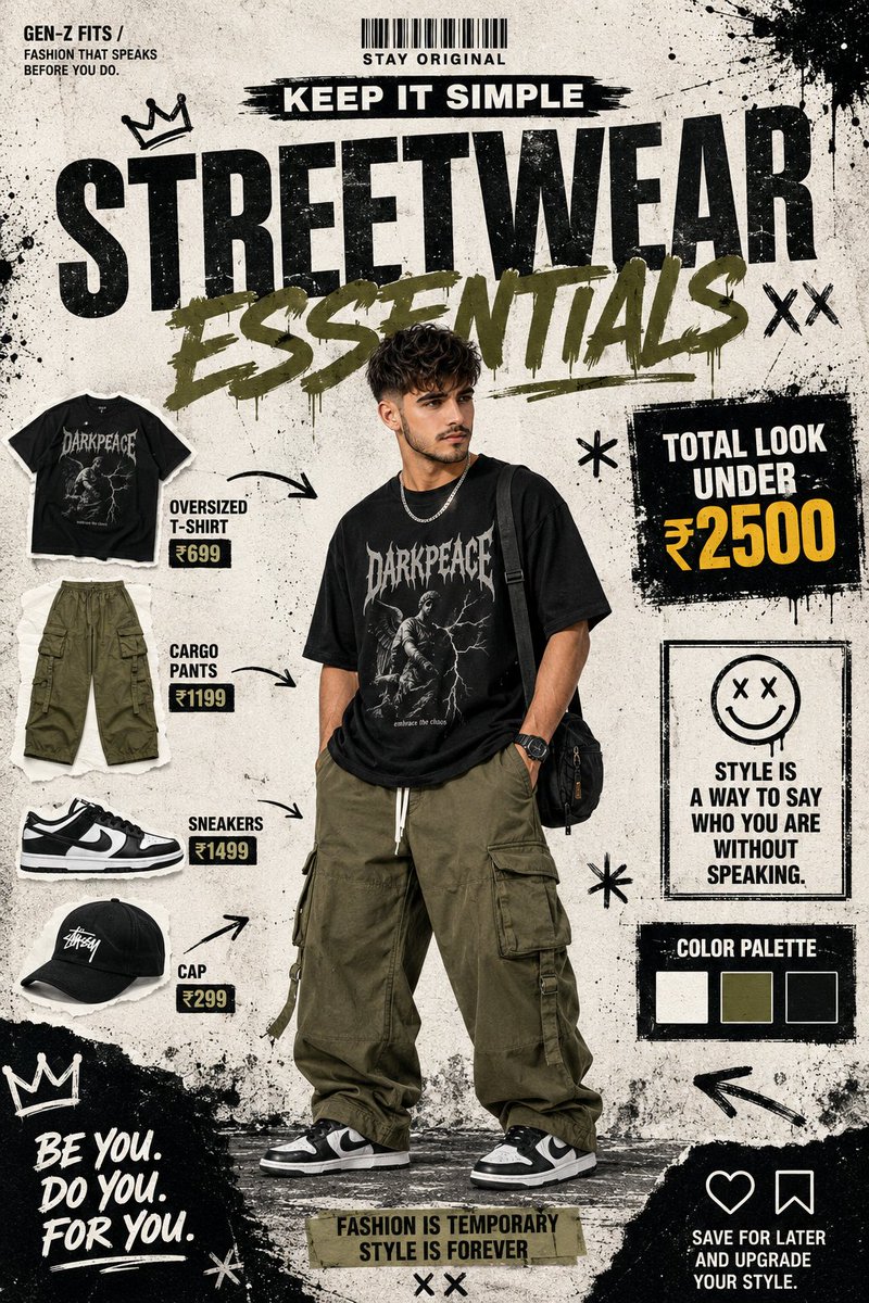 一张 Gen-Z 街头服饰时尚海报，采用粗粝的城市平面设计风格，以白色/米白色做旧背景，画面中遍布黑色墨水飞溅、笔刷笔触和做旧纹理。中心主体：一位年轻的印度男…