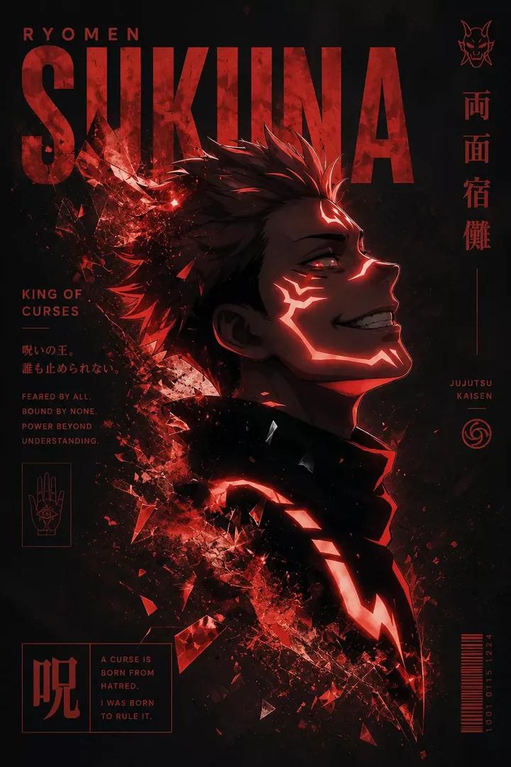 深色动漫风格海报，男性角色，粉红色尖刺状头发，侧脸仰望，露出自信的咧嘴笑容并显出牙齿。面部、颈部和胸口有发光的红色部落诅咒纹路。背景为黑色，伴随碎裂的玻璃和从…