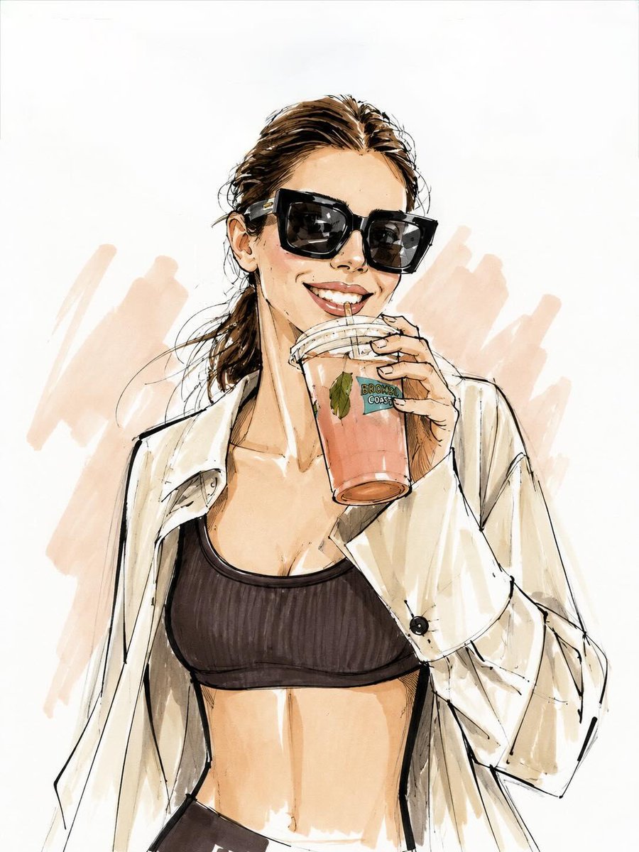 将这张照片变成 Vogue 风格的时尚插画,保留人物身份和面部特征。极简手绘时装素描,拥有优雅修长的比例、大胆的黑色墨水轮廓、松散自信的线条、扁平马克笔色彩、抽象的腮红点缀、图形…