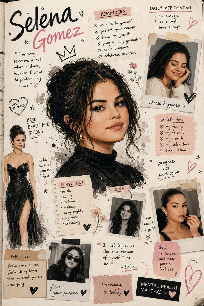 创作一幅令人惊艳的赛琳娜·戈麦斯（Selena Gomez）灵感的日记拼贴海报，采用混合媒介水彩与墨水插画风格。以一幅高度细节化的写实中央肖像为核心，呈现柔和的深棕发色、发光感的…