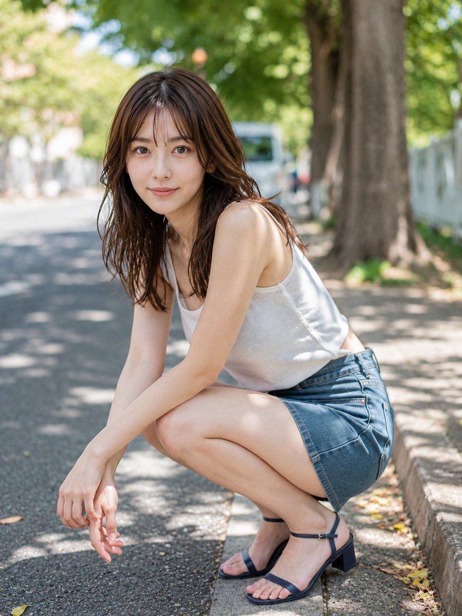 一张日本女性的真实照片,一位气质整洁优雅、酷似人气女优的女性,身材匀称纤细,棕色清澈眼眸,自然的栗色波浪卷发,以温柔的目光望向镜头,表情自然柔和,身穿白色亚麻混纺细吊带背心,搭配…