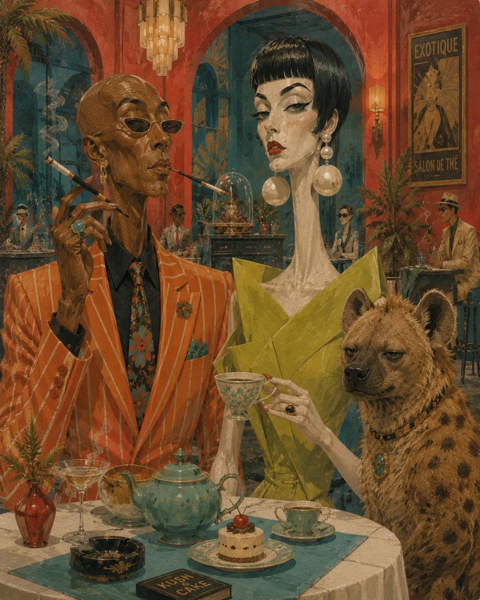 超现实的中世纪编辑插画，画面中有一位古怪的[MAN DESCRIPTION]、一位优雅的[WOMAN DESCRIPTION]以及一只[ANIMAL]，身处一个时髦的[SCENE…