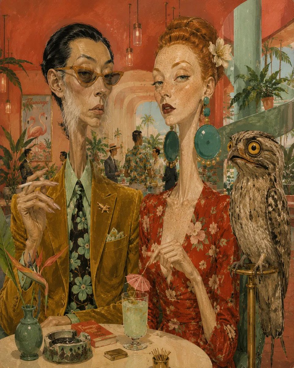 超现实的中世纪编辑插画，画面中有一位古怪的[MAN DESCRIPTION]、一位优雅的[WOMAN DESCRIPTION]以及一只[ANIMAL]，身处一个时髦的[SCENE…
