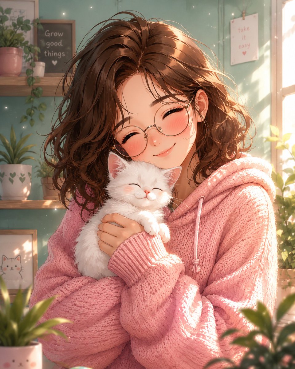 GPT Image 2 on ChatGPT Prompt⤵️ 轻松愉快的动漫风格插画，中景镜头，一位年轻女子在温馨的阳光房间里抱着一只小猫。她看起来十八九岁…