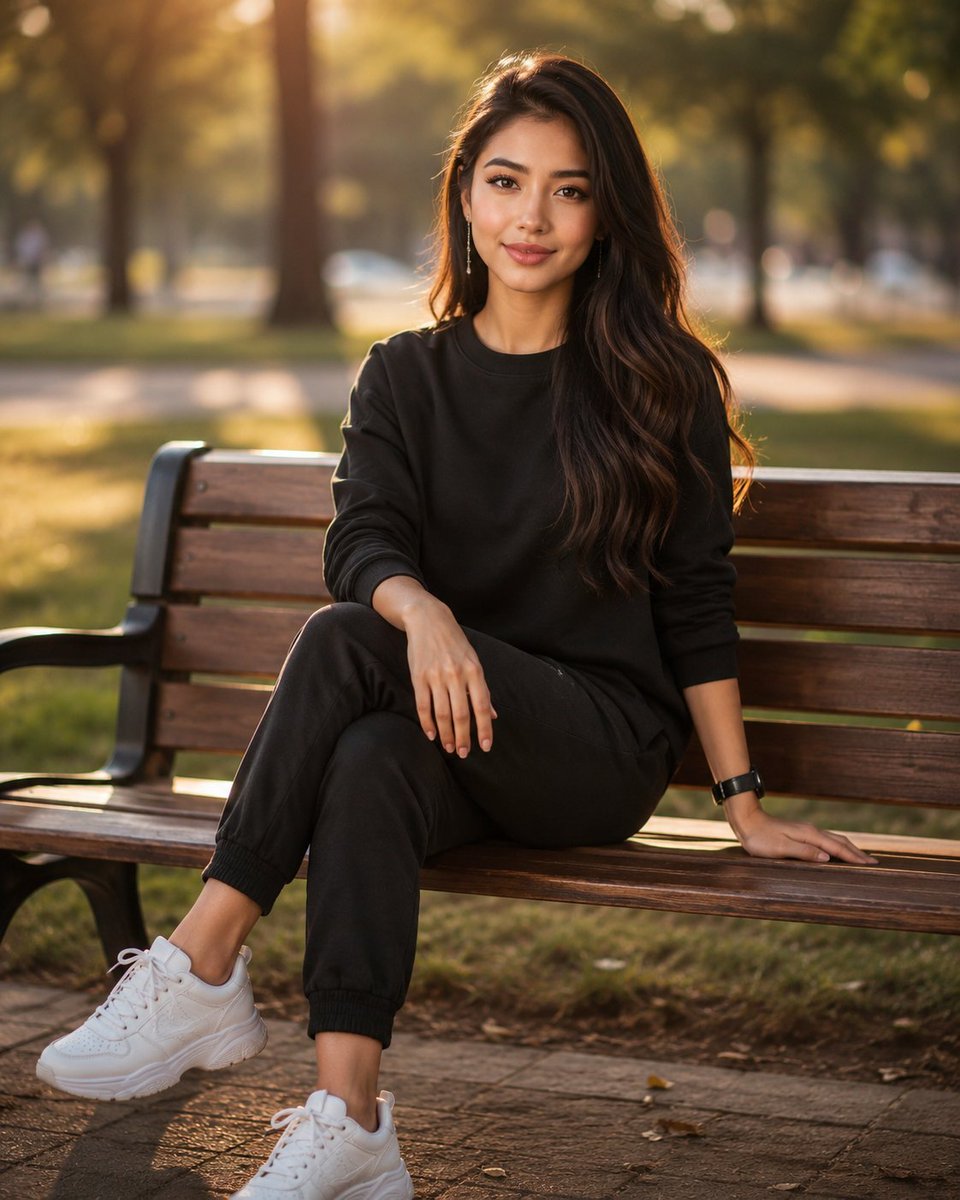 一张全身写实风格的人像摄影：一位年轻女性坐在一张木质公园长椅上,沐浴在柔和的黄金时刻光线中,深棕色长波浪卷发如瀑布般披落在双肩,身穿简约的黑色卫衣和黑色慢跑裤,脚踩白色厚底运动鞋…
