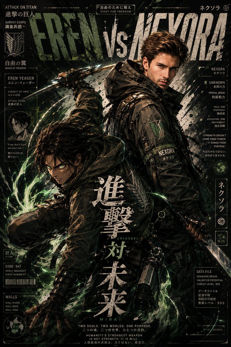 一张病毒式传播的超高端动漫×奢侈时尚跨界海报，画面中[ANIME CHARACTER NAME]（动漫角色名）与上传的人物作为标志性搭档，共同置身于一个未来主义的日系赛博街头服饰…