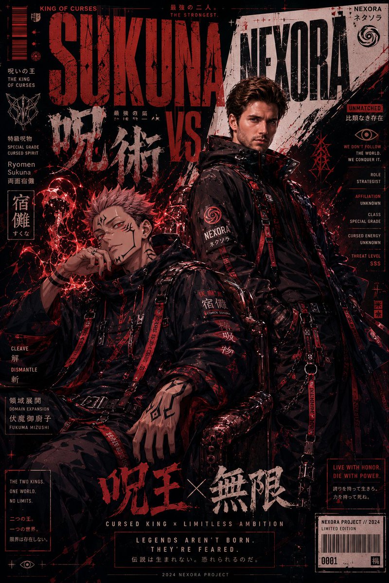 一张病毒式传播的超高端动漫×奢侈时尚跨界海报，画面中[ANIME CHARACTER NAME]（动漫角色名）与上传的人物作为标志性搭档，共同置身于一个未来主义的日系赛博街头服饰…