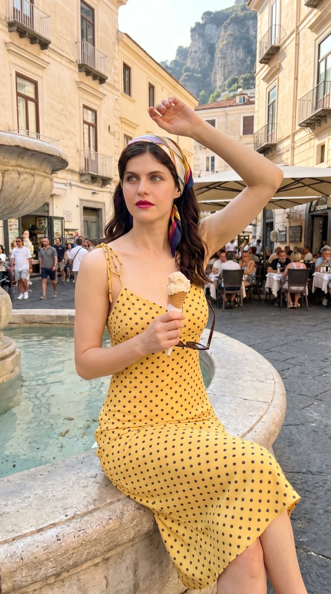 { "scene": { "setting": "outdoor Italian coastal town piazza, Amalfi Coast", "background"…