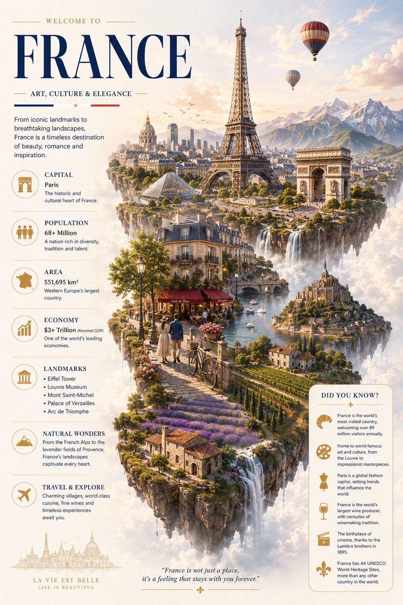 GPT Image 2 on ChatGPT 极简风格电影感信息图海报：FRANCE(法国)，优雅的悬浮岛屿漂浮在柔和的金色云海之中，奢华的编辑级旅行设计，明亮通透的氛围配以温暖…