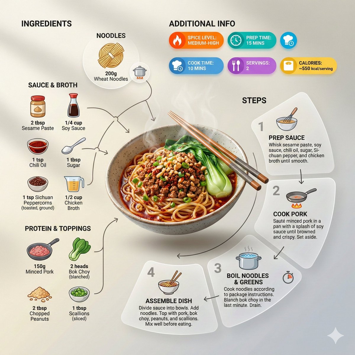 超干净现代风格的食谱信息图,以面条为主角。以倾斜或透视角度展示成品碗面(切分、装盘或分份),呈现微妙的悬浮层次感,而非扁平的俯视视角。在餐盘周围,动态编辑式地布局食材、步骤和可选…
