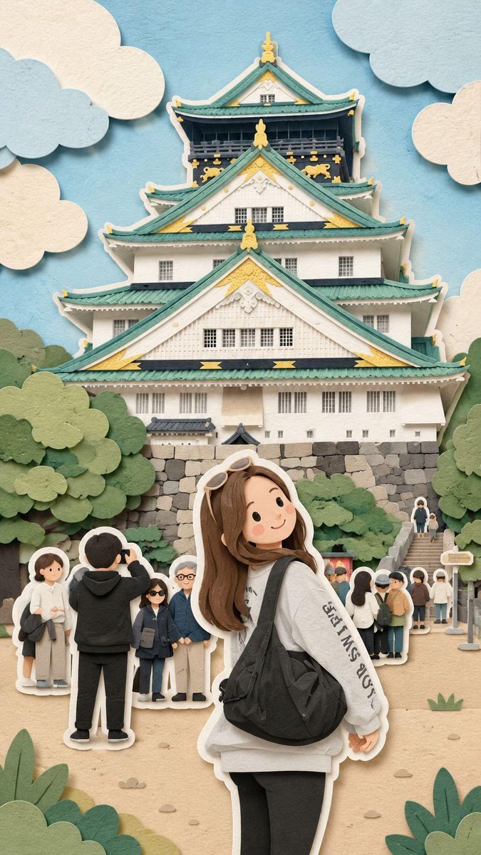 奇趣可爱的旅行立体场景,可爱的剪纸艺术风格,以动漫为灵感的可爱女孩旅行者,有着柔和圆润的脸蛋、红润的脸颊、棕色长波浪卷发、宽松休闲的服装,背着黑色单肩包,站在日本著名旅游景点和奇…