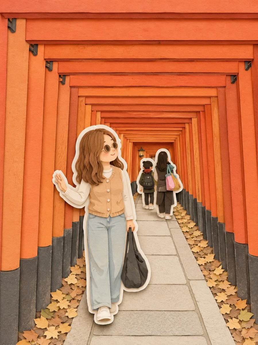 奇趣可爱的旅行立体场景,可爱的剪纸艺术风格,以动漫为灵感的可爱女孩旅行者,有着柔和圆润的脸蛋、红润的脸颊、棕色长波浪卷发、宽松休闲的服装,背着黑色单肩包,站在日本著名旅游景点和奇…