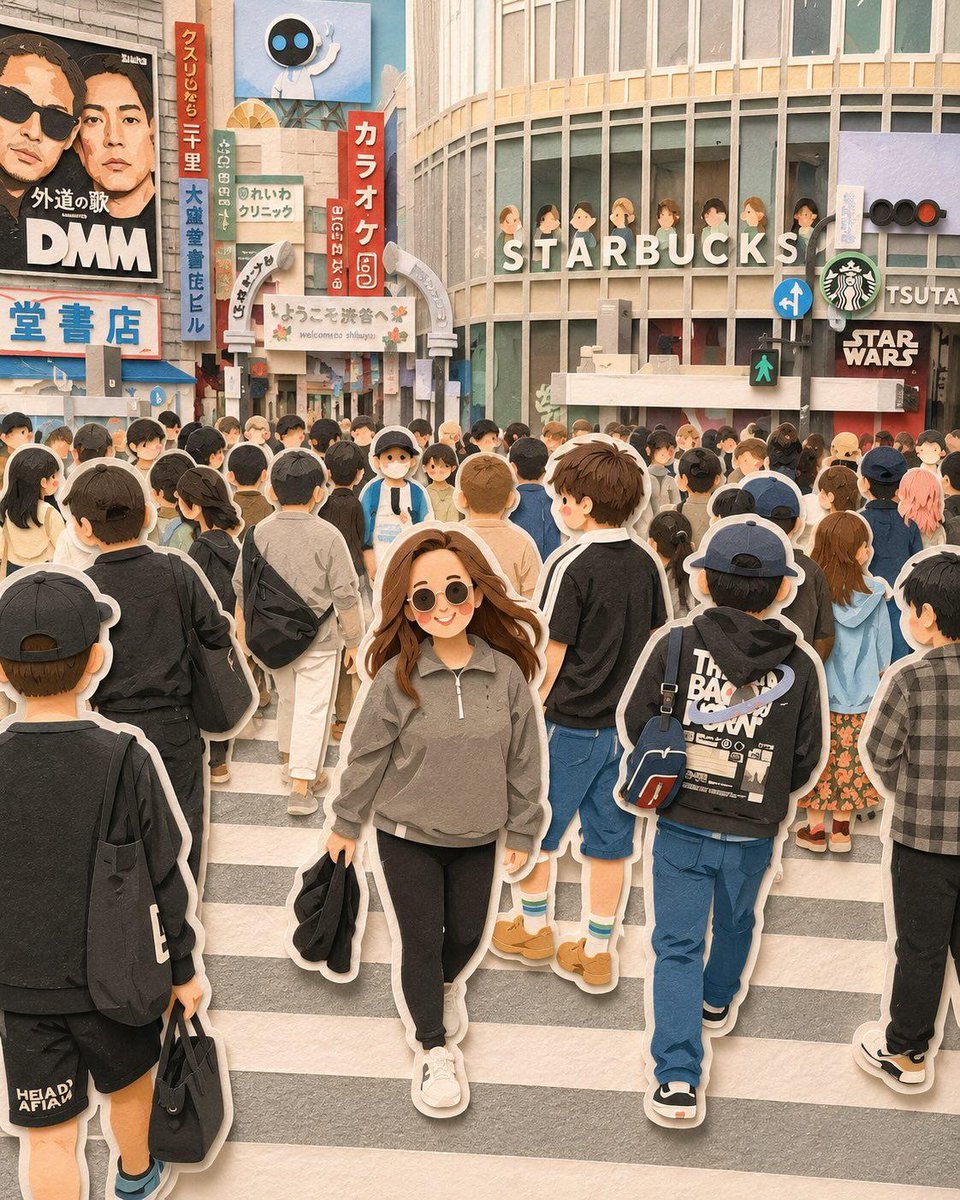奇趣可爱的旅行立体场景,可爱的剪纸艺术风格,以动漫为灵感的可爱女孩旅行者,有着柔和圆润的脸蛋、红润的脸颊、棕色长波浪卷发、宽松休闲的服装,背着黑色单肩包,站在日本著名旅游景点和奇…