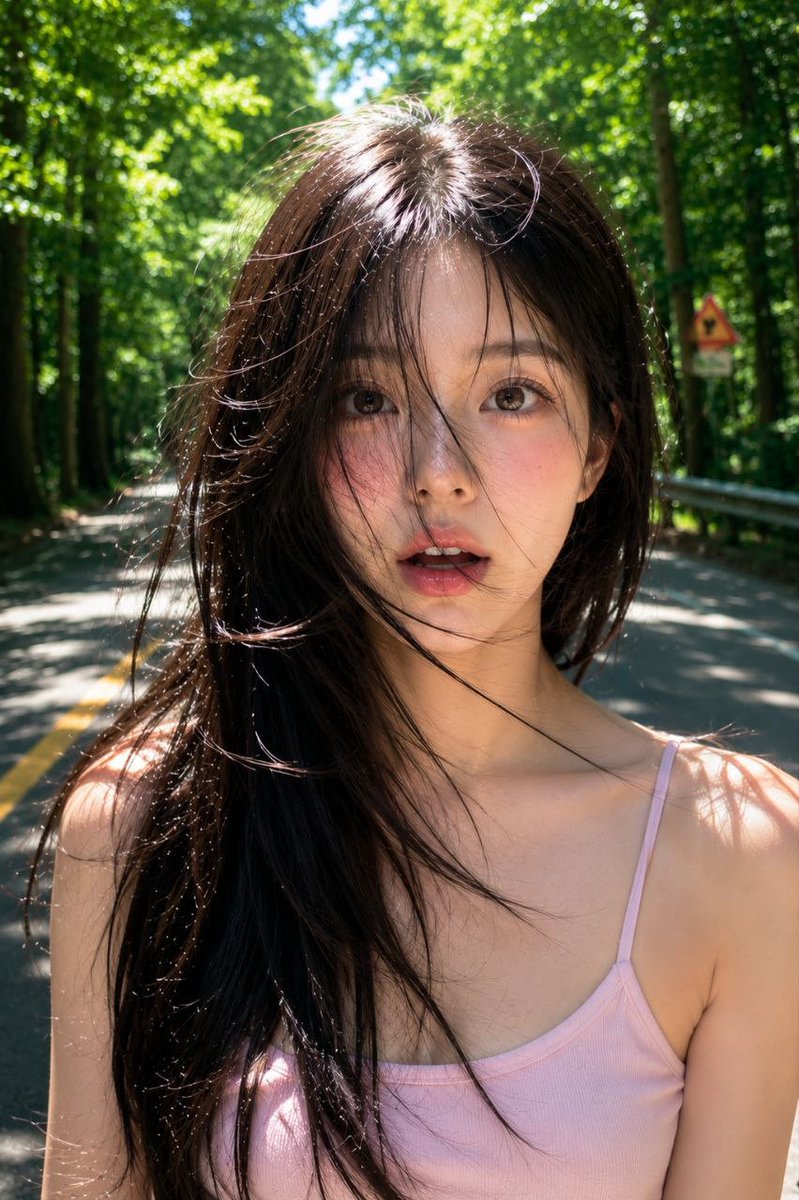 超写实电影感美妆肖像,一位年轻韩国女性,柔软水润的玻璃肌,自然粉红腮红,光泽渐变唇彩,细腻雀斑,蓬松凌乱的碎刘海半遮面容,深色长发随风飘扬,梦幻天真的表情,带有柔和眼神光的精致棕…