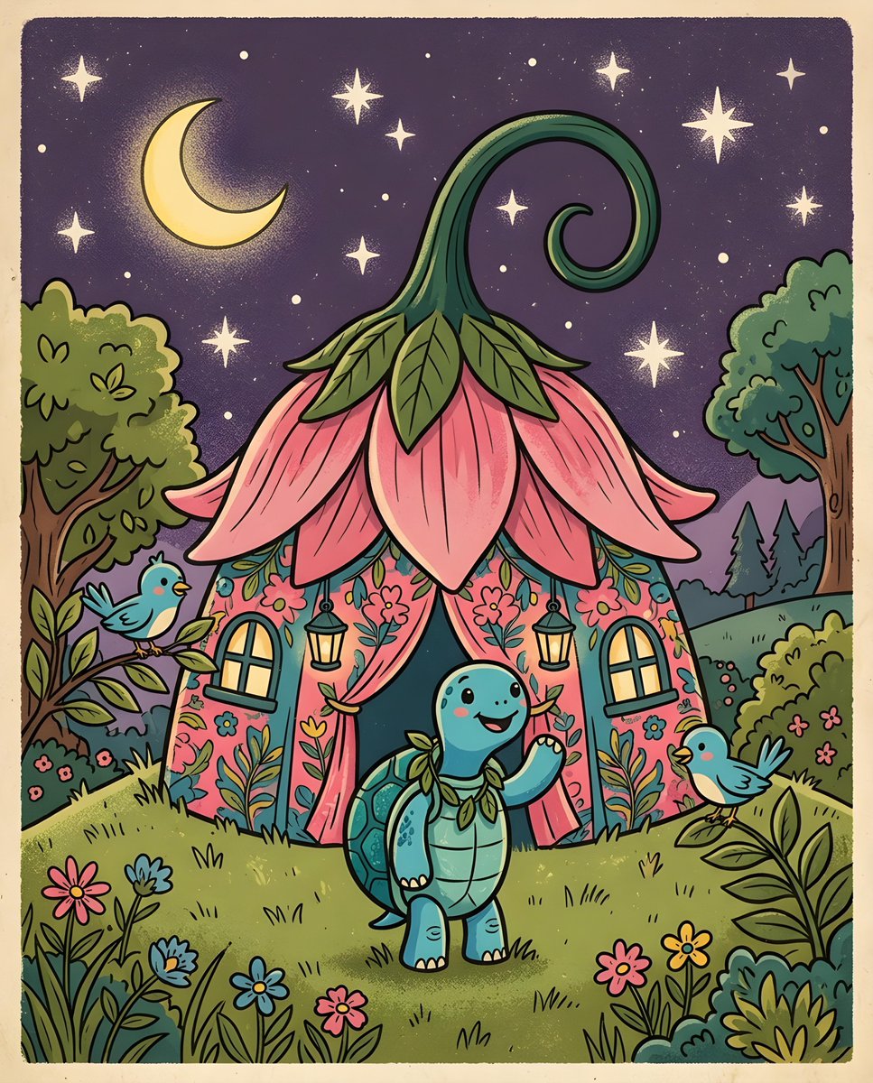 一幅复古风格的卡通插画描绘了一只蓝色乌龟,站在一个粉色的花朵状帐篷状结构前。该结构覆盖着粉色的花瓣状屋顶,屋顶顶端是一根巨大的绿色弯曲茎秆。乌龟两侧各有一只蓝色小鸟。背景是深紫色…
