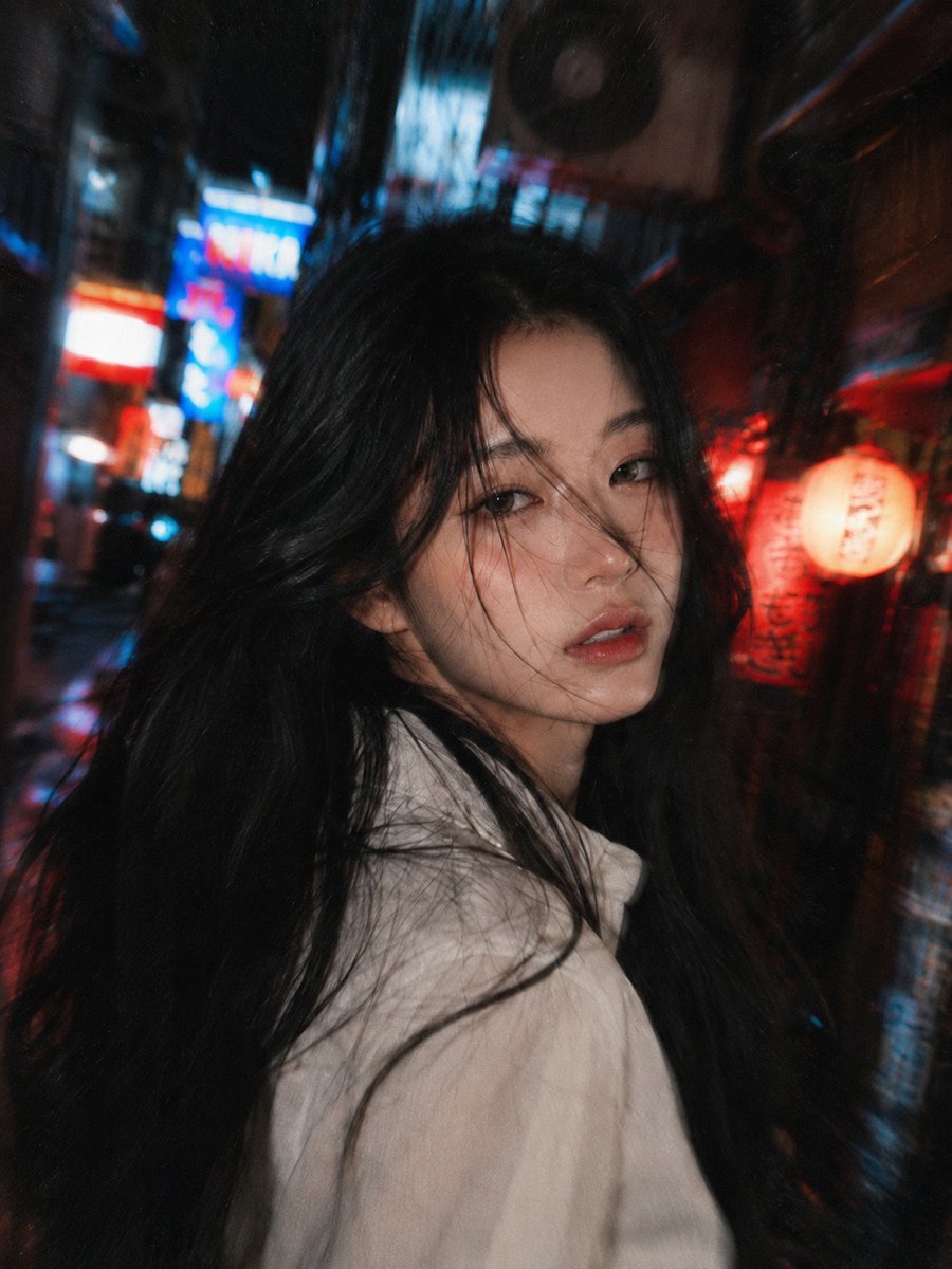 一张高颗粒度、情绪强烈的快照,定格在**狭窄的东京后巷**之中,布满滴水的空调管道、自动售货机的微光,以及居酒屋灯笼的倒影。空气炎热、潮湿,带着电流般的躁动。年轻女子穿着打结的白…