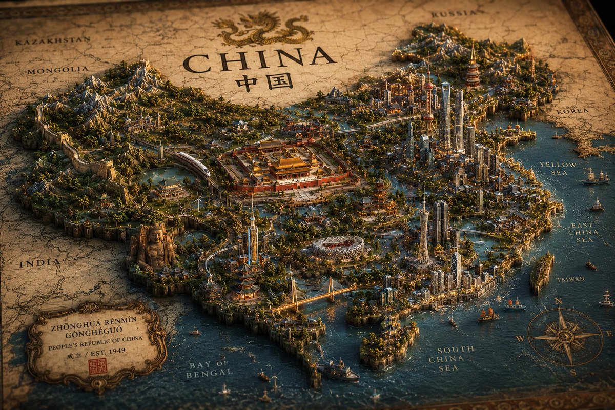 一部电影级超奢华地图集风格的 [COUNTRY] 可视化作品，将其呈现为一个手工制作的微缩世界，无缝融入一张纹理古朴的古老地图表面之中。从这片制图地貌中自然升起的，是一座极其精细…