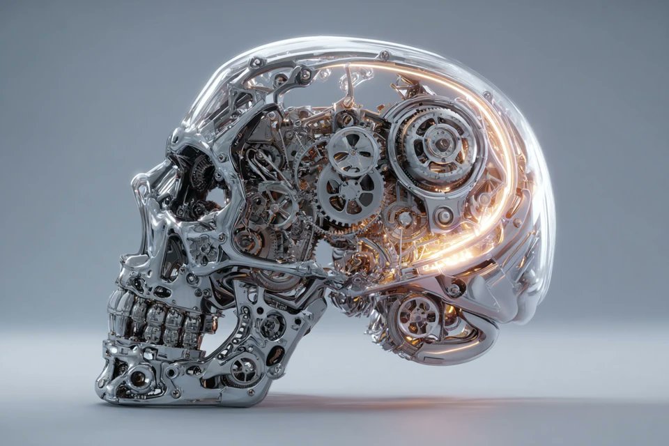 一个机械[subject]，具有中空的骨架结构，展示错综复杂的内部机械、齿轮系统和精密部件。发光的[color1]和[color2]光线从核心内部散发出来，照亮金属框架。背景为平…