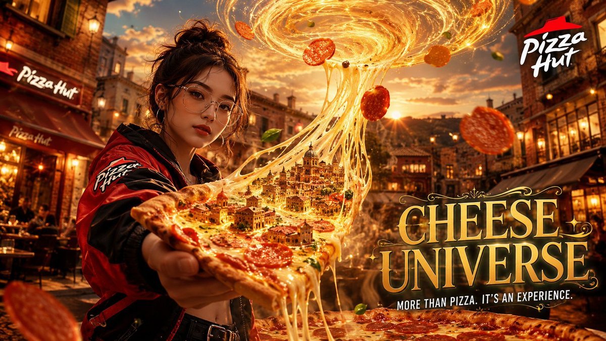 一段超写实电影级美食广告，采用竖屏 9:16 比例，画面中一位时尚年轻女性，身穿现代红黑配色街头风格服饰，戴着透明框眼镜。她手持一片巨大的必胜客披萨切片，朝向镜头方向，并向上方拉…