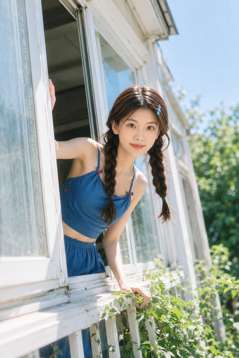 仅将上传的人像照片用于人物的面部特征、发型、发量、肤色和自然表情。将场景重建为一张真实感的电影感夏日照片：人物轻轻倚靠在白色阳台/窗户上，明亮的蓝天，柔和的阳…