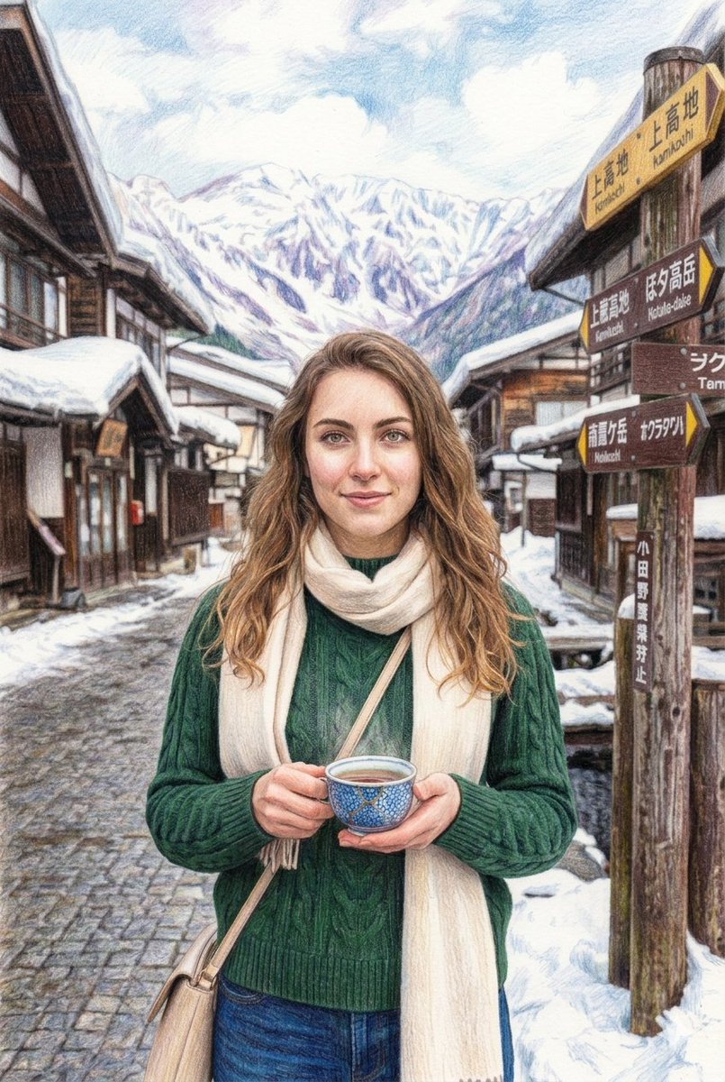 一个中景镜头,描绘一位宁静祥和的高加索女性,留着波浪状的浅棕色长发,有一双富有表现力的绿色眼睛,她面带温柔的微笑,站在一条被白雪覆盖的、充满乡村气息的日本村落街道中央,街道两旁是…