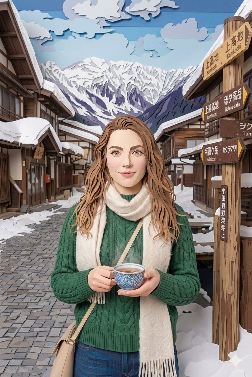 一个中景镜头,描绘一位宁静祥和的高加索女性,留着波浪状的浅棕色长发,有一双富有表现力的绿色眼睛,她面带温柔的微笑,站在一条被白雪覆盖的、充满乡村气息的日本村落街道中央,街道两旁是…
