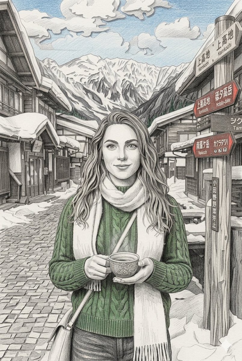 一个中景镜头,描绘一位宁静祥和的高加索女性,留着波浪状的浅棕色长发,有一双富有表现力的绿色眼睛,她面带温柔的微笑,站在一条被白雪覆盖的、充满乡村气息的日本村落街道中央,街道两旁是…