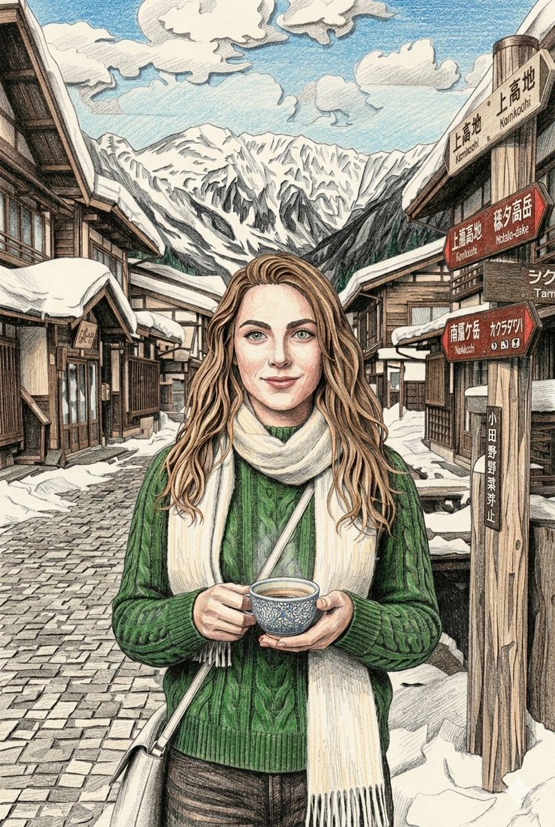 一个中景镜头,描绘一位宁静祥和的高加索女性,留着波浪状的浅棕色长发,有一双富有表现力的绿色眼睛,她面带温柔的微笑,站在一条被白雪覆盖的、充满乡村气息的日本村落街道中央,街道两旁是…