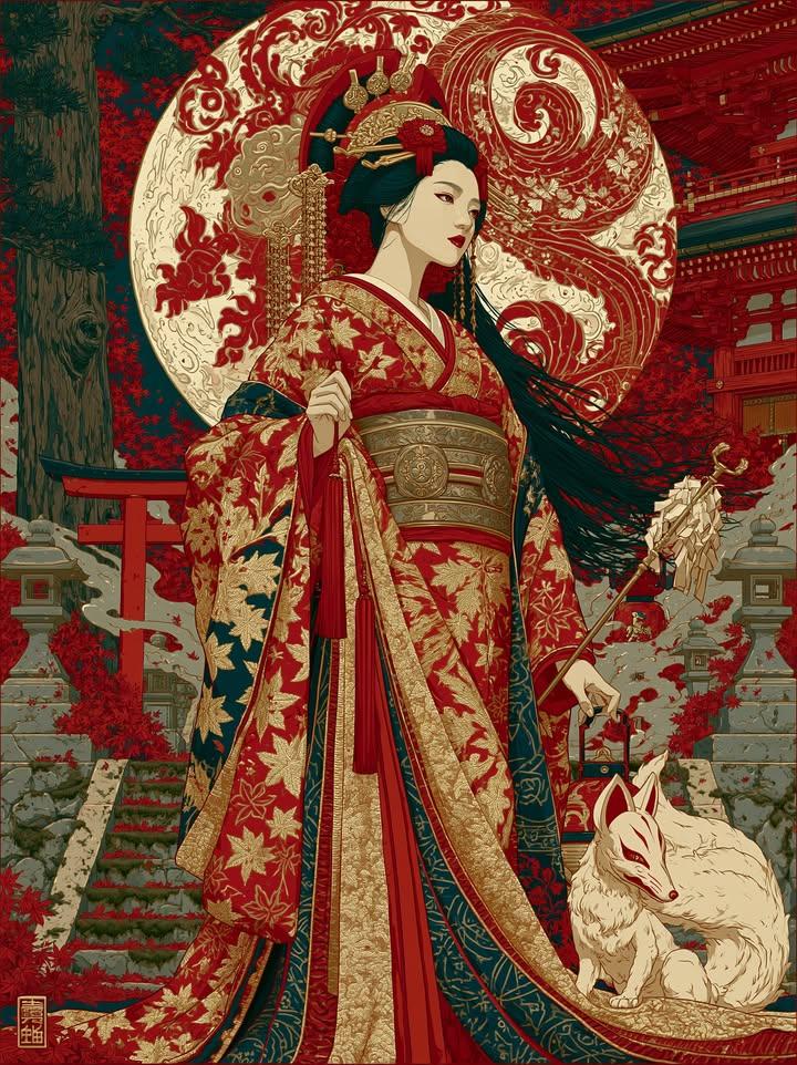 受浮世绘启发的数字插画，竖版人像，采用浓郁的红色与金色配色，搭配繁复的图案纹样。 中心：一位优雅的日本女性，身着飘逸的红金相间和服，饰以枫叶与花卉图案，头戴华…