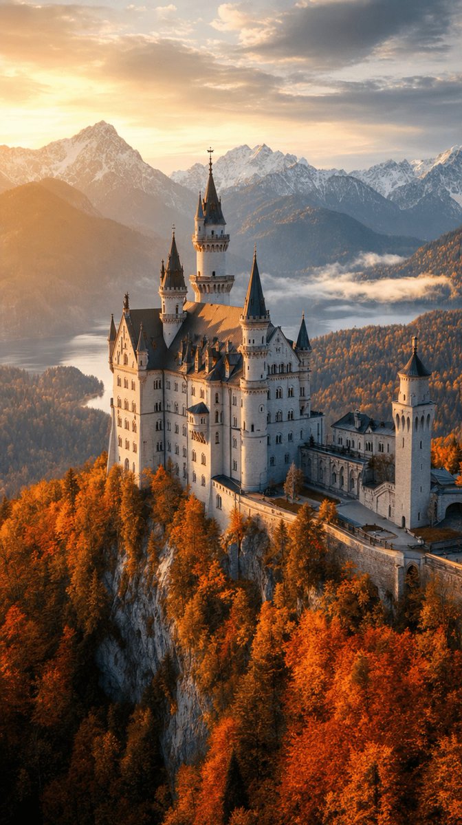 极致电影感的建筑摄影，拍摄对象为[CASTLE]，选取当地最具戏剧性的时间段。超写实的航拍或广角镜头，光照氛围与所在地的气候相匹配，周围的景观富有戏剧性，城堡…